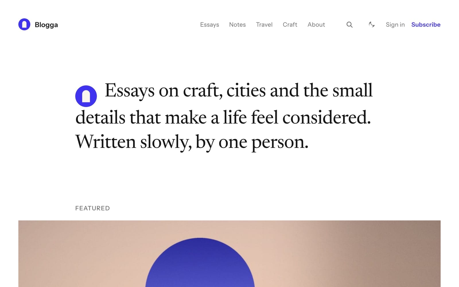 Blogga theme — front page with a large serif greeting above the featured post