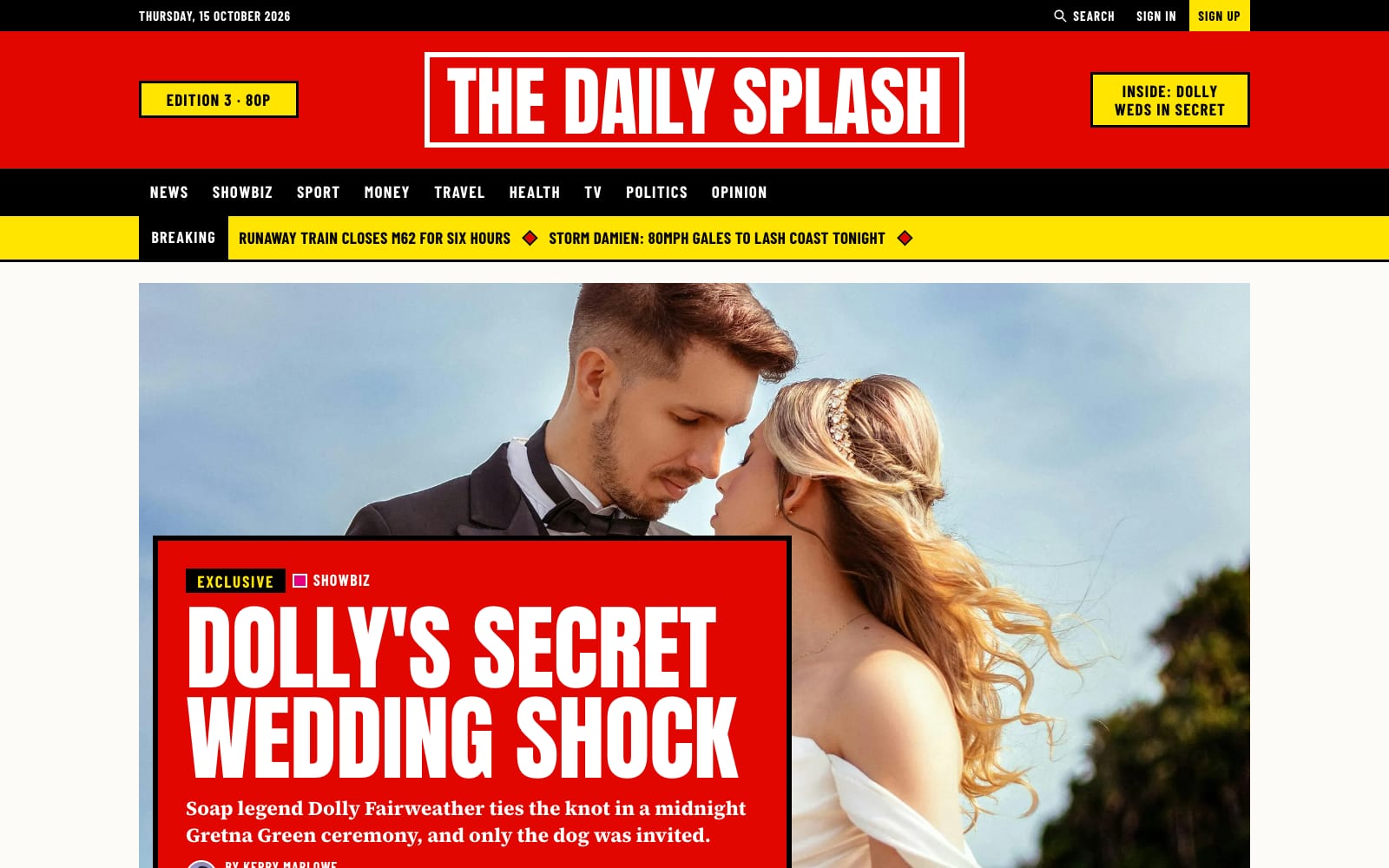 Splash theme — front page with a red splash headline over the lead picture
